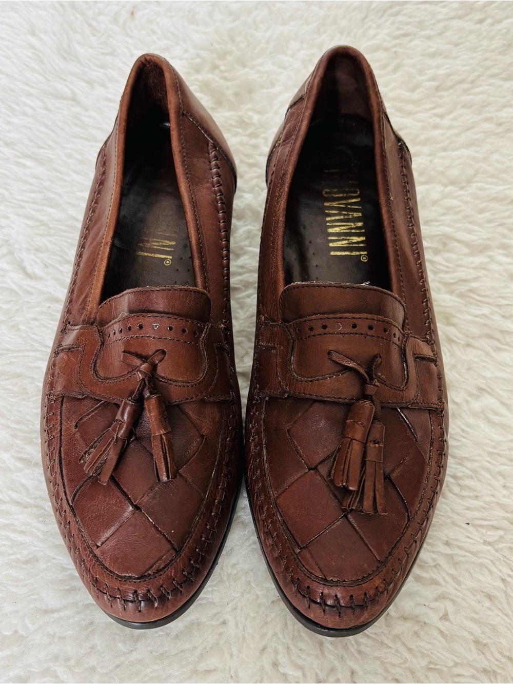 Giovanni Woven Genuine Brown Leather Tassel Loafers for Men size 10 M